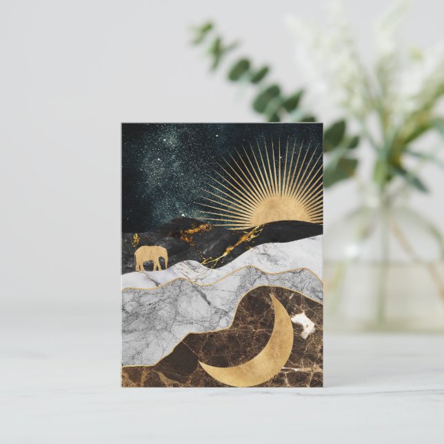 Golden Sol och Måne med elefant i Marble Cosmic Vykort (Stående Fram)