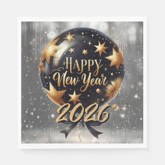 Golden Sparkle New Year Balloon with 2026 Glow Pappersservett (Framsidan)