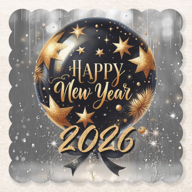 Golden Sparkle New Year Balloon with 2026 Glow Underlägg Papper (Framsida)