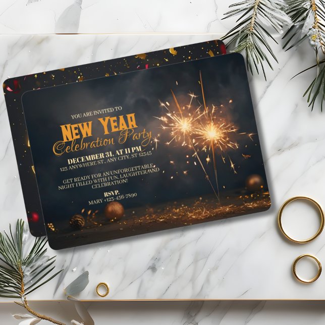 Golden Sparklers & Festive Charm Elegant - nytt år Inbjudningar (Skapare uppladdad)