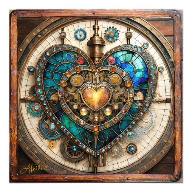 Golden Stached Glass Heart Steampunk Series Fototryck (Framsidan)