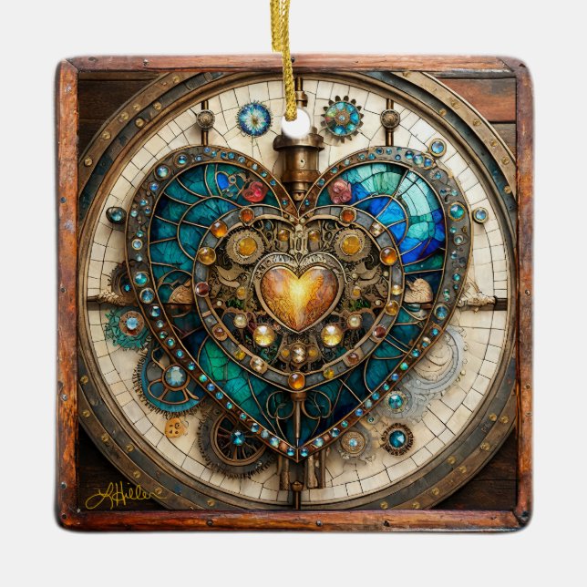 Golden Stached Glass Heart Steampunk Series Julgransprydnad Keramik (Framsida)