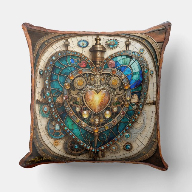 Golden Stached Glass Heart Steampunk Series Kudde (Framsida)