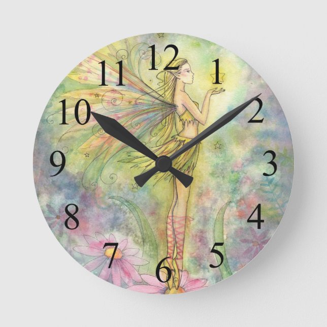 Golden Star Fairy Fantasy Art Clock Rund Klocka (Framsida)