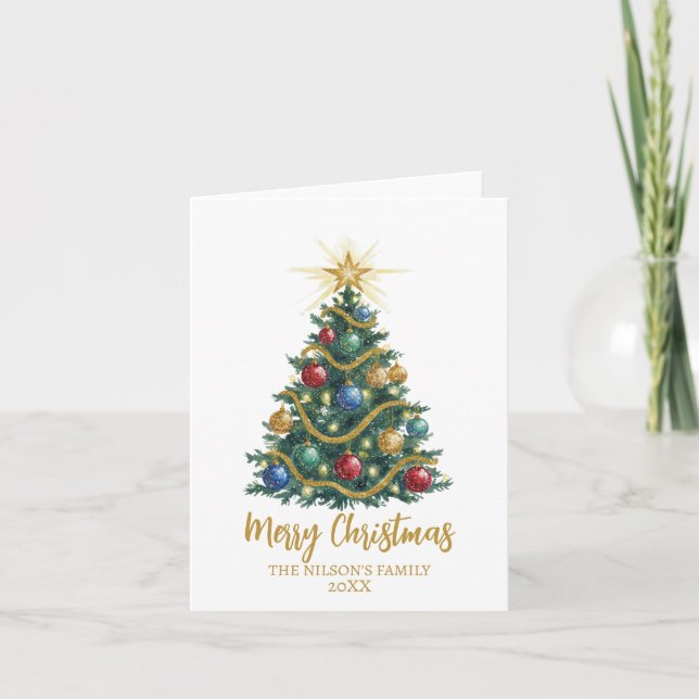 Golden Star watercolor Christmas Tree Card Helgkort (Framsida)