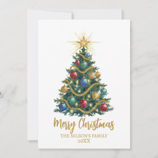 Golden Star watercolor Christmas Tree Card Julkort