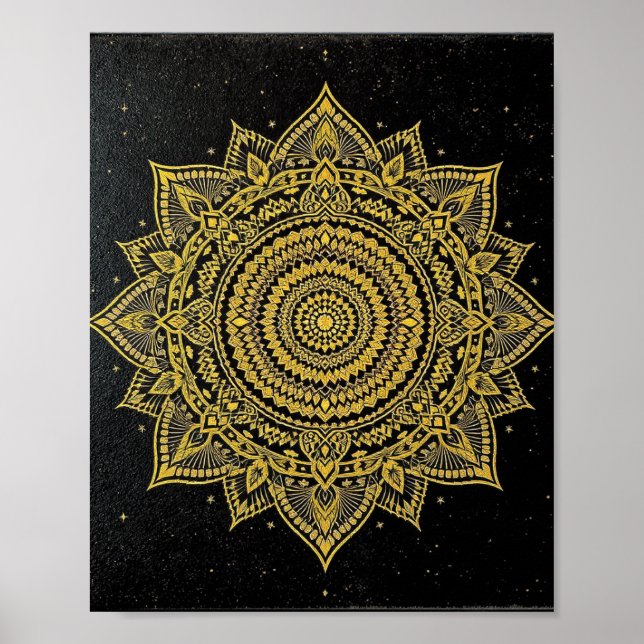 Golden Starburst Mandala on Black Poster (Framsidan)