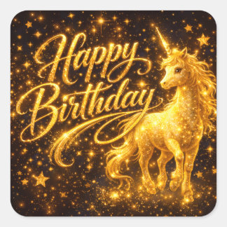Golden Stardust Birthday — Fantasy Unicorn Fyrkantigt Klistermärke
