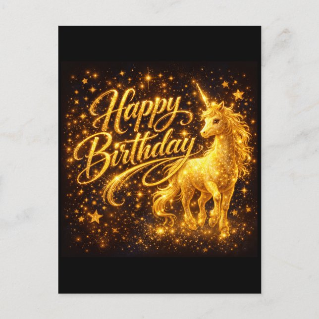 Golden Stardust Birthday — Fantasy Unicorn  Inbjudan Vykort (Framsida)