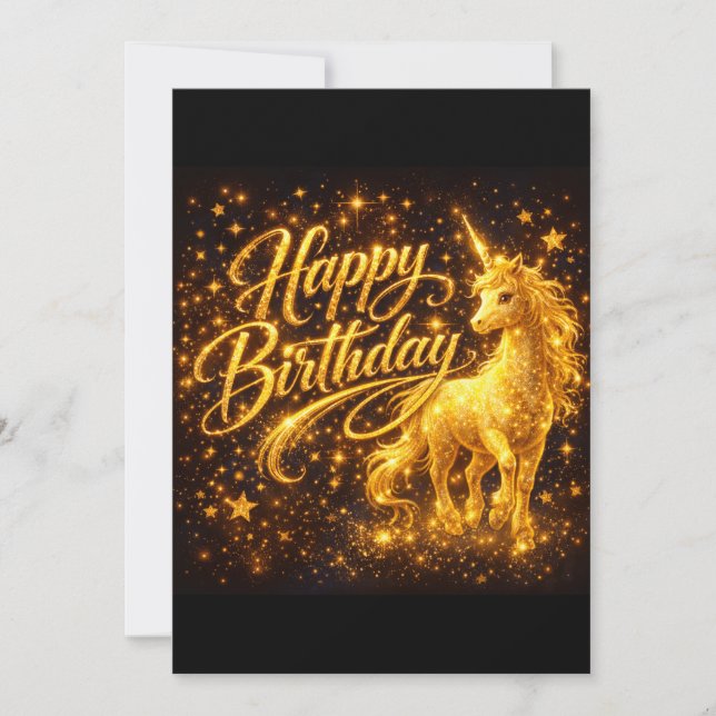 Golden Stardust Birthday — Fantasy Unicorn  Inbjudningar (Framsida)