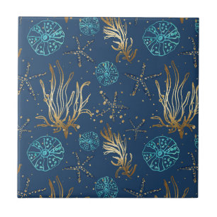 Golden Starfish & Coral Reef Mönster på Blue Kakelplatta