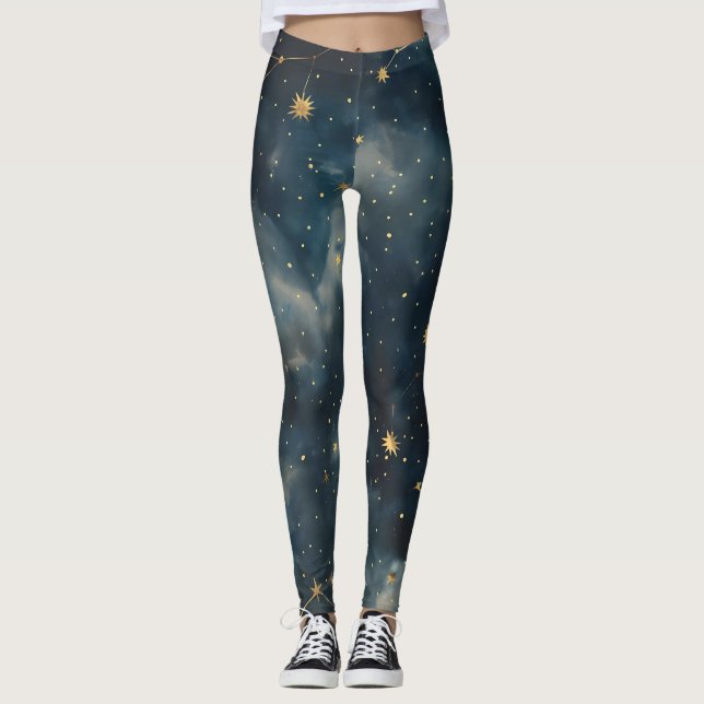 Golden Starry Night - Luxe Celestial Activewear Leggings (Framsida)