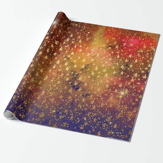 Golden Stars Confetti Celestial Galaxy Firmament Presentpapper (Utrullad)