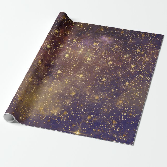 Golden Stars Confetti Celestial Galaxy Firmament Presentpapper (Utrullad)