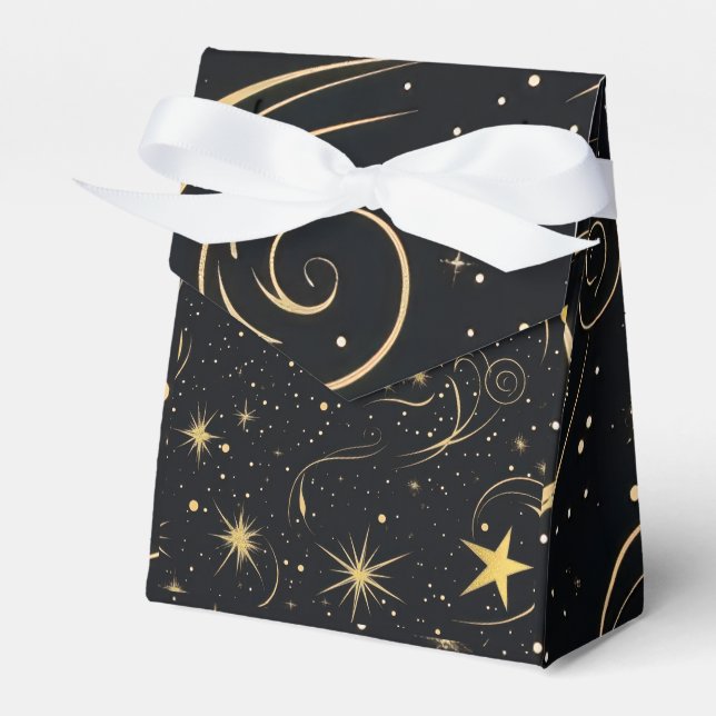 Golden Stars Gift Box med ribbon och lock Presentaskar (Framsidan Sidan)