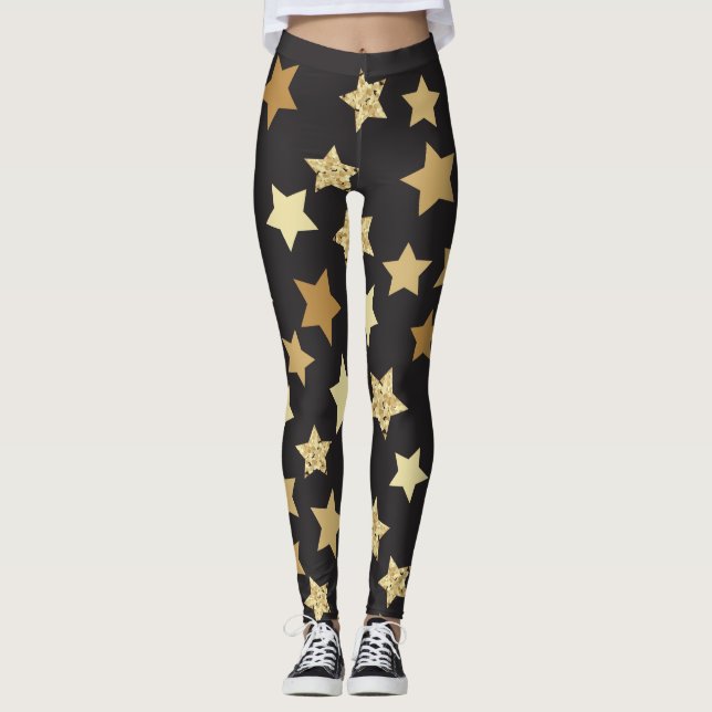 Golden Stars på Black Background Mönster Leggings (Framsida)