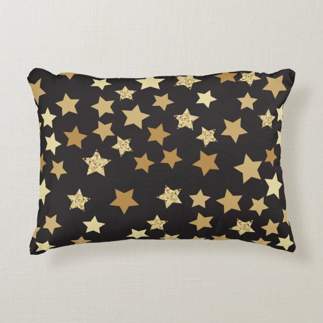 Golden Stars på Black Background Mönster Prydnadskudde (Framsidan)