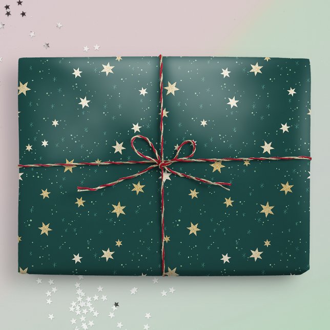 Golden Stars på Grönt Himmel jul Presentpapper (Gift mockup)