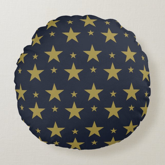 Golden Stars på marinblått - Elegant och tidslös Rund Kudde (Framsidan)