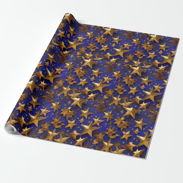 Golden Stars Skriv ut omslagning av Lakan Presentpapper (Utrullad)