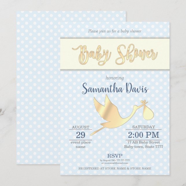 Golden Stork Pojke Baby Shower Inbjudningar (Fram/baksida)