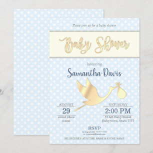 Golden Stork Pojke Baby Shower Inbjudningar