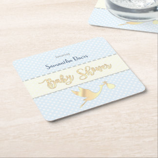 Golden Stork Pojke Baby Shower Underlägg Papper Kvadrat