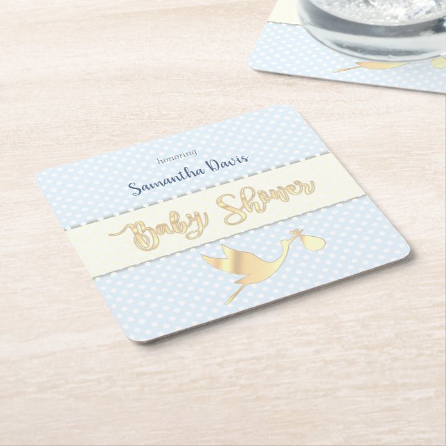 Golden Stork Pojke Baby Shower Underlägg Papper Kvadrat (Vinklad)