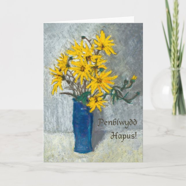 Golden Sunblommor Birthday Card, Welsh Hälsning Kort (Framsida)