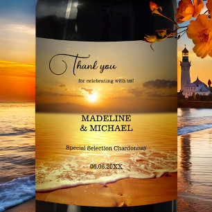 Golden Sunset Beach Destination Wedding Vin-etiket Vinflaska Etikett