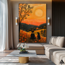 Golden Sunset Companions – Naïf Rural Serenity Art