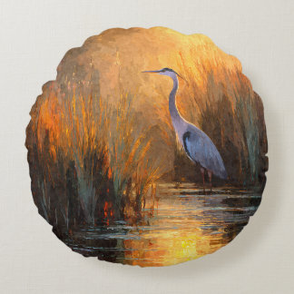 Golden Sunset Heron Autumn Watercolor Pillow Rund Kudde
