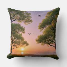 Golden Sunset Ocean Beach Landscape with Trees  Kudde