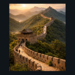 Golden Sunset on the Great Wall Poster<br><div class="desc">This artwork portrays the winding Great Wall of China stretching across green hills under a golden sunset. Watchtowers punctuate the stone pathway as it follows the mountain ridges, evoking centuries of history and human endeavor. It celebrates the grandeur of ancient engineering and the harmony between architecture and landscape.</div>