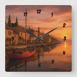 Golden Sunset over Coastal Village Fyrkantig Klocka