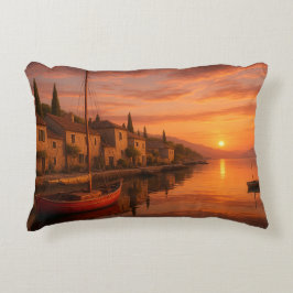 Golden Sunset over Coastal Village Prydnadskudde