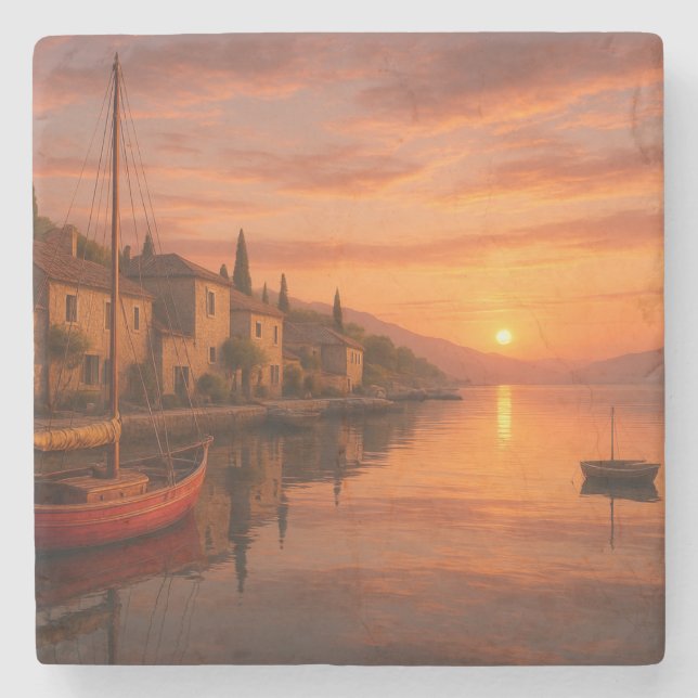 Golden Sunset over Coastal Village Stenunderlägg (Framsidan)