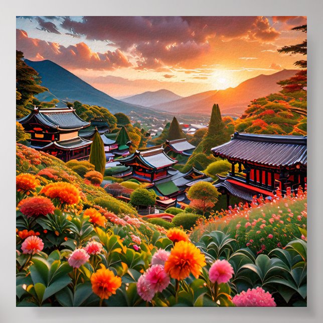 Golden Sunset over Japansk Blommigt Garden Poster (Framsidan)