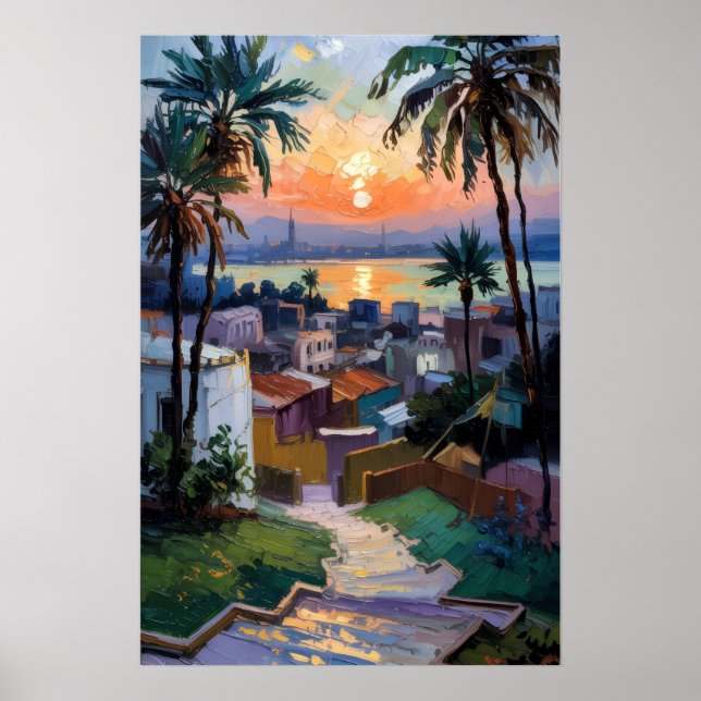 Golden Sunset över kuststaden Poster (Framsidan)