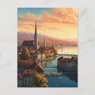Golden Sunset over Zurich Helg Vykort