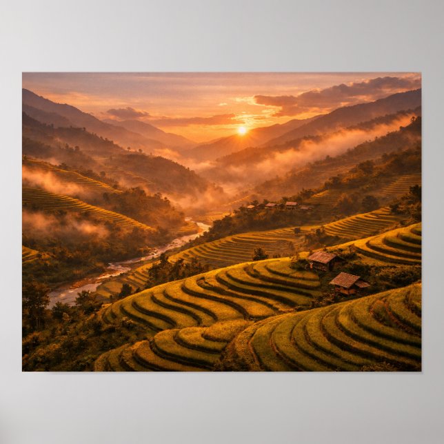 Golden Sunset Rice Terraces Poster (Framsidan)