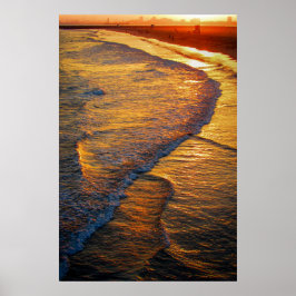 Golden Sunset Waves on the Beach Coastal Photo Poster