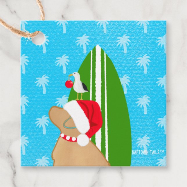 Golden Surf Dog Christmas Flat Gift Card Gåvor Etiketter (Framsida)