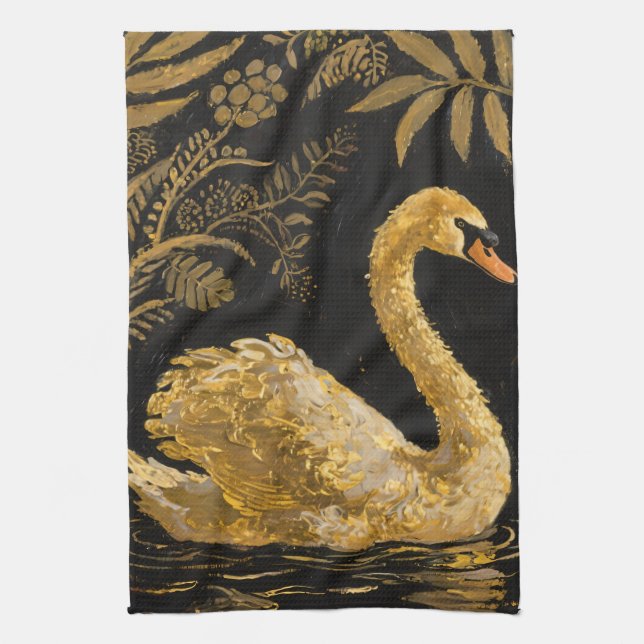 Golden Svan på en Midnight Pond Kökshandduk (Vertikal)