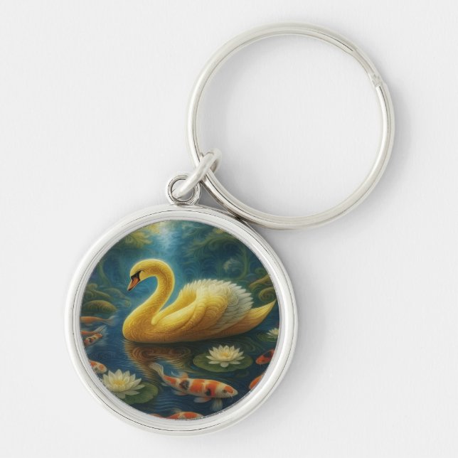 Golden Swan Keychain Rund Silverfärgad Nyckelring (Framsidan)