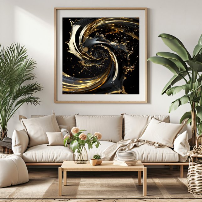 Golden Swirl Dynamics Poster (Add a touch of luxury to your space with this elegant black and gold abstract swirl artwork.)
