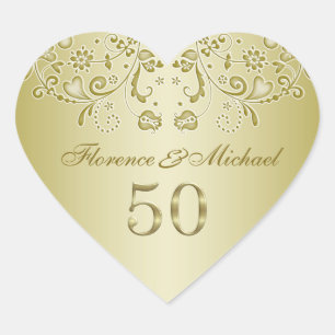 Golden swirls 50:e Bröllop-årsjubileum Sticker Hjärtformat Klistermärke