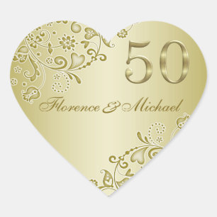 Golden swirls 50:e Bröllop-årsjubileum Sticker Hjärtformat Klistermärke