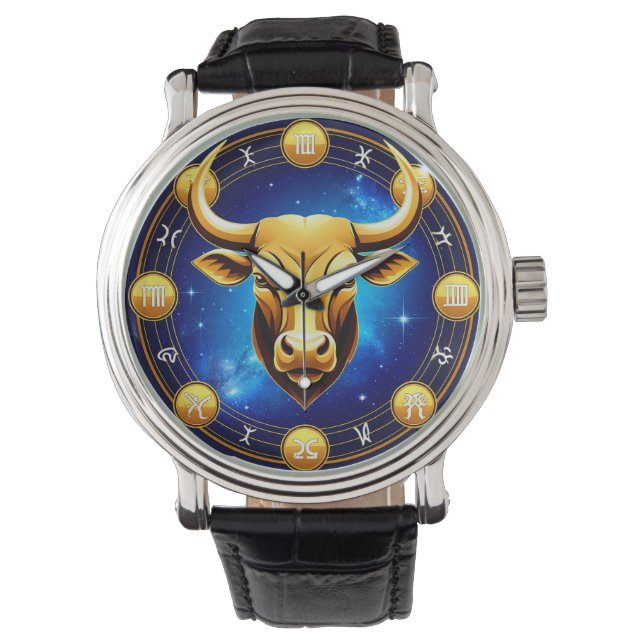Golden Taurus Bull In Cosmic Zodiac Circle Armbandsur (Framsida)