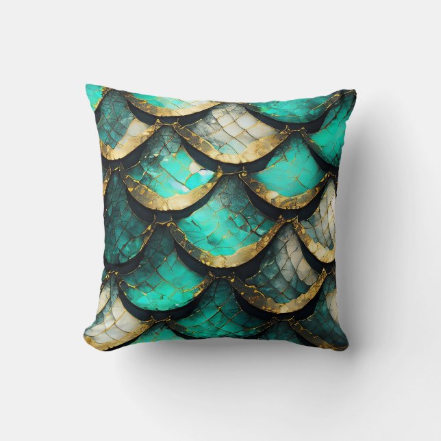 "Golden Teal Opulence: Sjöjungfru Svan Mönster" Kudde (Framsida)